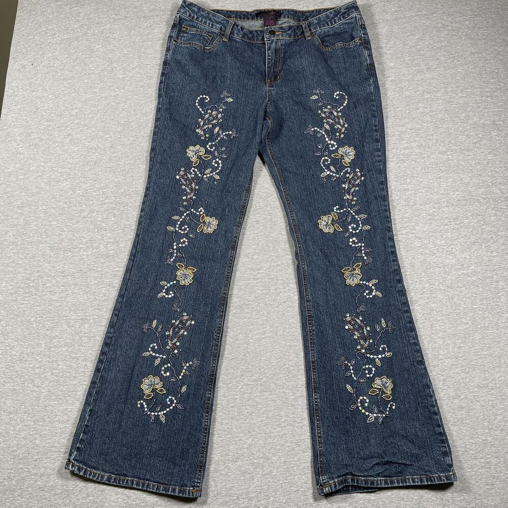 Willow Smith Jeans Womens 14 Blue Flared Embroidered Sequin Beaded Floral